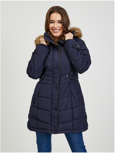 Пальто жіноче зимове стьобане зі знімним капюшоном на хутрі темно-синє ORSAY