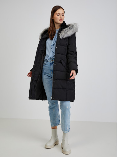 Пальто жіноче зимове з капюшоном і штучним хутром чорне ORSAY